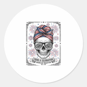 Patriottische Schedel Vuurwerk Vintage Gravure Shi Ronde Sticker