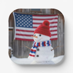 Patriottische Sneeuwman Met Amerikaanse Vlag Papieren Bordje