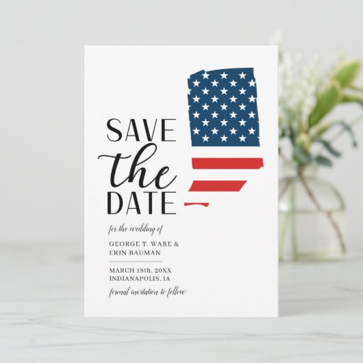 Patriottische staat Indiana bestemming bruiloft Save The Date (Staand voorkant)