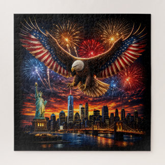 Patriottische Stekelarend Vuurwerk New York Silhou Legpuzzel