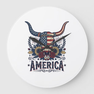 Patriottische Stier Schedel Amerika Vintage 4 juli Grote Klok