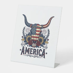 Patriottische Stier Schedel Amerika Vintage 4 juli Reclamebord Met Voetstuk