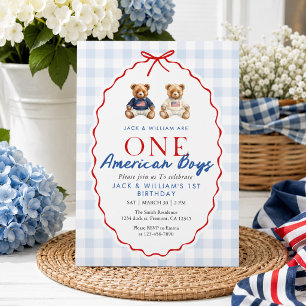 Patriottische Tweeling Jongens Teddybeer Navy Ging Kaart
