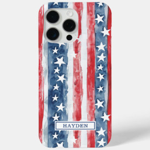 Patriottische Waterverf Stars and Stripes Monogram iPhone 15 Pro Max Hoesje