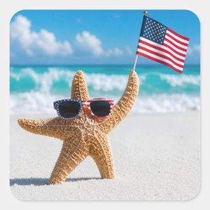 Patriottische zeester die de Amerikaanse vlag zwaa Vierkante Sticker