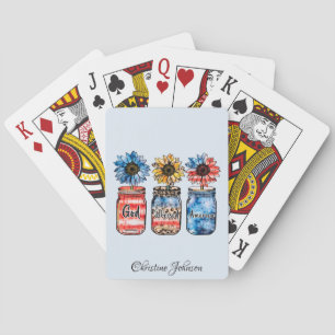 Patriottische zonnebloemen in potten   God zegende Pokerkaarten