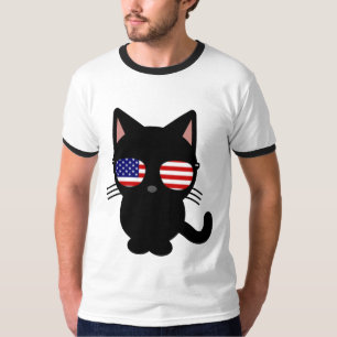 Patriottische zwarte kat Funny T-shirts, zonnebril T-shirt