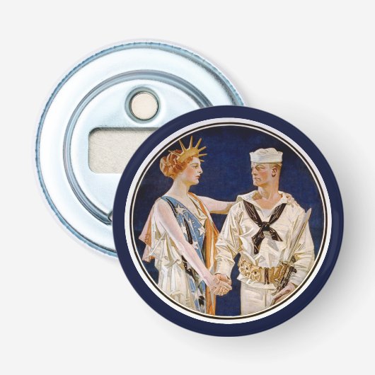  patriottisme, Lady Liberty met Navy Seaman Button Flesopener (Voorkant)