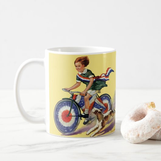 patriottisme, meisje dat een patriottische bike b koffiemok (Met donut)