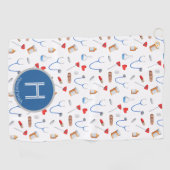 Patroon Blauw Monogram Dokter Golfhanddoek (Horizontaal)