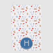 Patroon Blauw Monogram Dokter Golfhanddoek (Voorkant)
