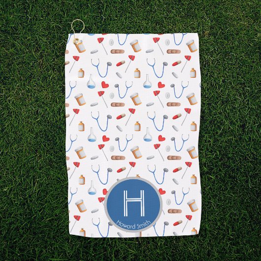 Patroon Blauw Monogram Dokter Golfhanddoek