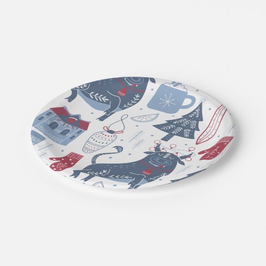 Patroon met blauw grijze kerstelementen papieren bordje (Gekanteld)