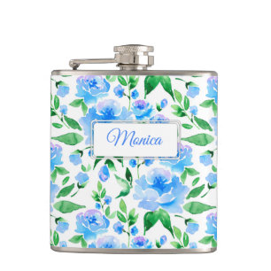 Patroon met blauwe waterverf bloemen heupfles