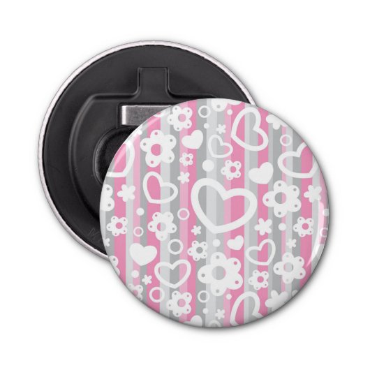 Patroon met hart en bloemen button flesopener (Voorkant)