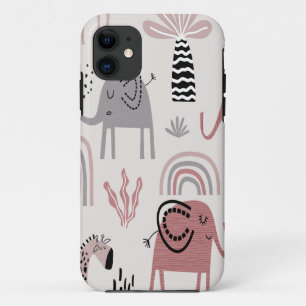 patroon met malle olifanten en giraffen enorm iPhone 11 hoesje