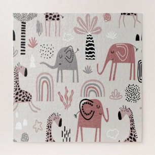 patroon met malle olifanten en giraffen enorm legpuzzel