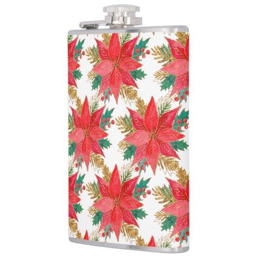 patroon met rode en gouden kerstpunsettia heupfles (Links)