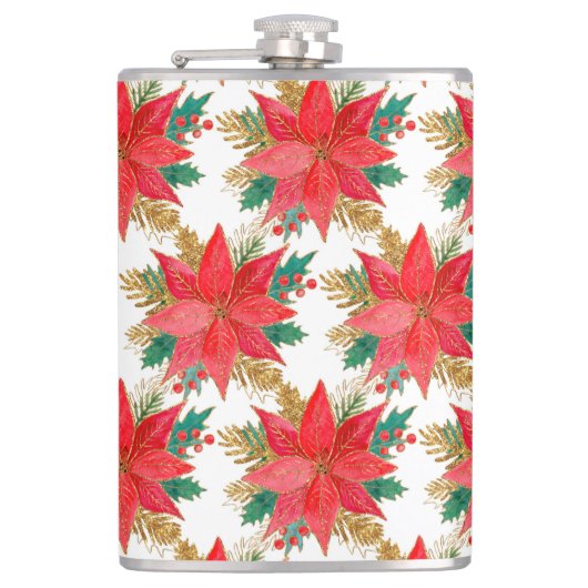 patroon met rode en gouden kerstpunsettia heupfles (Voorkant)