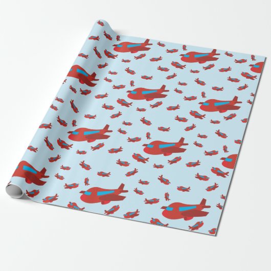 Patroon met rood en blauw vliegtuig cadeaupapier (Uitgerold)
