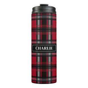 Patroon met rood en zwart tartan en op de verpakki thermosbeker