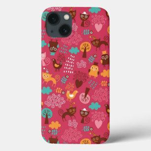 Patroon met schattige vogels en katten iPhone 13 hoesje