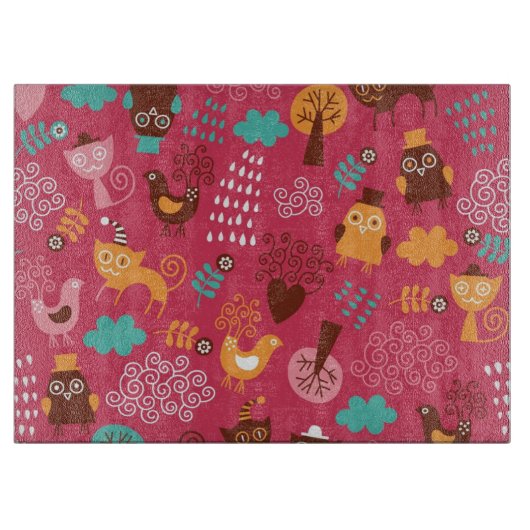 Patroon met schattige vogels en katten snijplank (Voorkant)