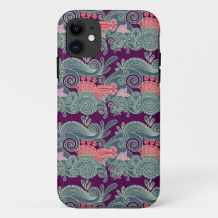 Patroon met vis en Paarse golven iPhone 11 Hoesje
