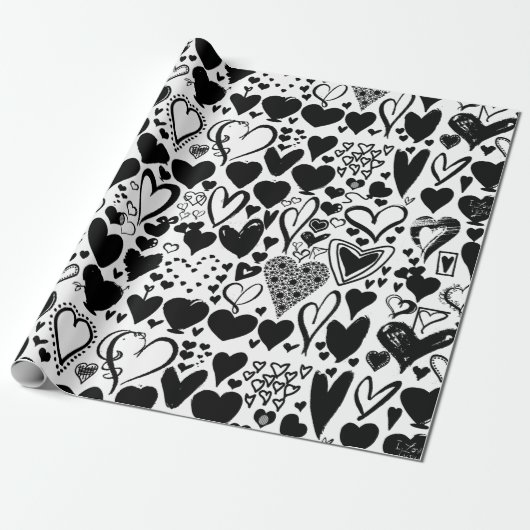 Patroon op het hart, zwart hart, zwart en wit cadeaupapier (Uitgerold)