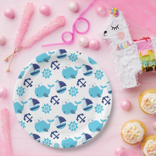 Patroon op walvissen, walvissen, blauwe walvissen papieren bordje (Feest)