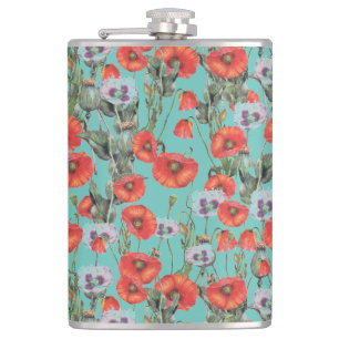 Patroon rode en Aqua-papavers Heupfles