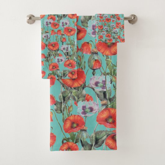 Patroon rode en Aqua Poppies Bad Handdoek (Insitu)