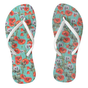 Patroon rode en Aqua Poppies Teenslippers