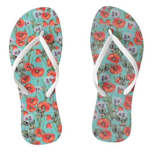 Patroon rode en Aqua Poppies Teenslippers (Voetbed)