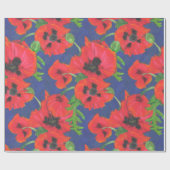 Patroon rode en zwarte oosterse papaver op blauw cadeaupapier (Vlak)