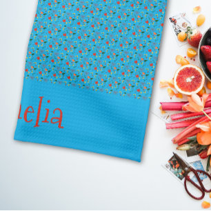 Patroon rood geel mini wilde bloem turquoise theedoek