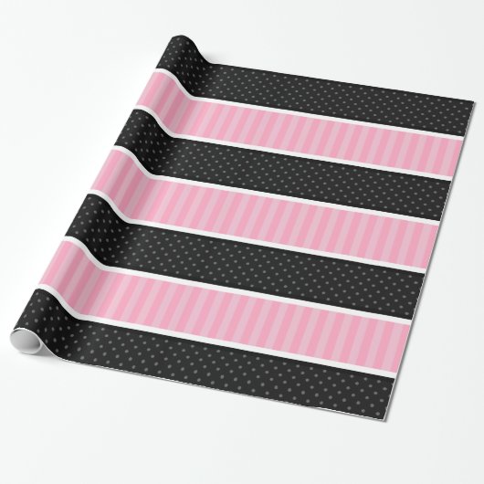 Patroon roonroze en zwarte poka Dot Stripes Cadeaupapier (Uitgerold)