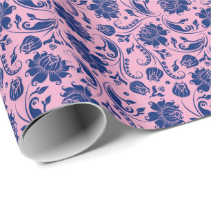 Patroon roze en Blauwe Floral Damaskers Cadeaupapier
