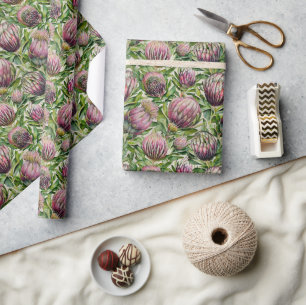 Patroon roze en groene Protea Flowers Cadeaupapier