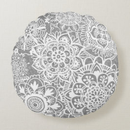 Patroon Soft Grey en White Mandala Rond Kussen