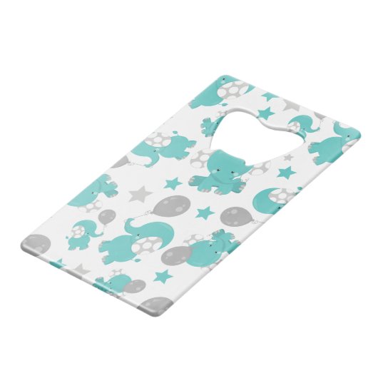 Patroon van blauw-olifantenblauw, luifaantjes, ste kredietkaart flessenopener (Voorkant Gekanteld)