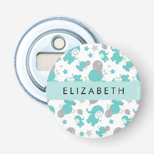 Patroon van blauwe olifanten, sterren, Jouw naam Button Flesopener