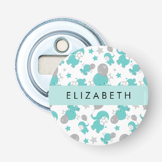 Patroon van blauwe olifanten, sterren, Jouw naam Button Flesopener (Voorkant)