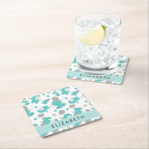 Patroon van blauwe olifanten, sterren, Jouw naam Vierkante Kartonnen Onderzetter