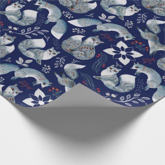 Patroon Van Blauwe Poolvossen, Planten Op Marinebl Cadeaupapier (Hoek)