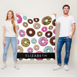 Patroon van donuts, kleurrijke donuts, Jouw naam Fleece Deken