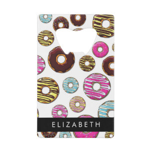 Patroon van donuts, kleurrijke donuts, Jouw naam Kredietkaart Flessenopener