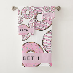 Patroon van donuts, roze donuts, ijs, Jouw naam Bad Handdoek