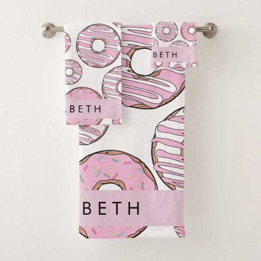 Patroon van donuts, roze donuts, ijs, Jouw naam Bad Handdoek (Insitu)