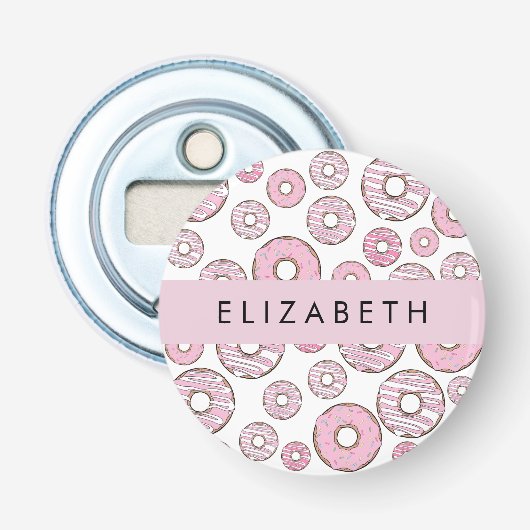 Patroon van donuts, roze donuts, ijs, Jouw naam Button Flesopener (Voorkant)